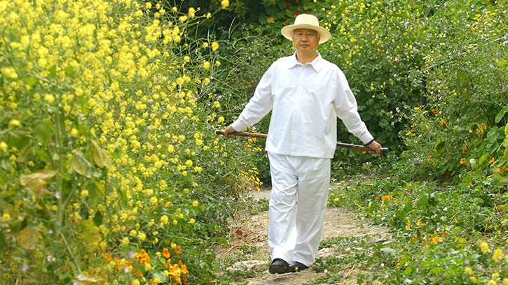 Ilchi Lee walking in flowering bushes